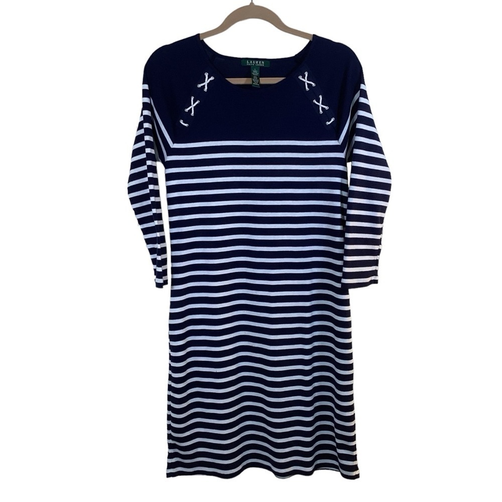 Lauren Ralph Lauren NWT Women’s Navy White 3/4 Sleeve Shift Dress. Size Large - Picture 1 of 5